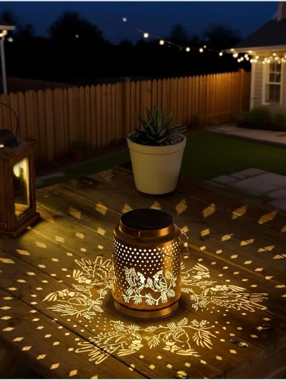 Solar-Powered Metal Lantern with Bird Projection - Gold